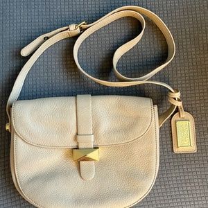 Authentic Badgley Mischka Jules Leather Crossbody Saddle Bag, Latte